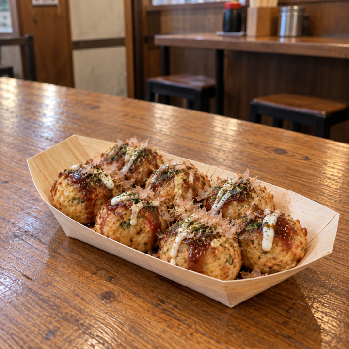 Eight takoyaki topped with sauce, mayonnaise, aonori and bonito flakes in a wooden boat tray