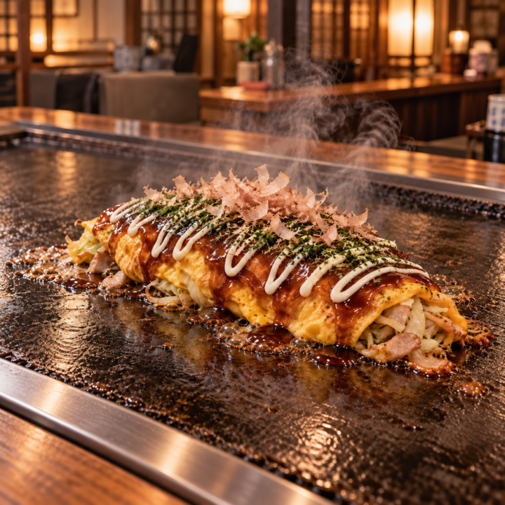 Tonpei-yaki topped with sauce, mayonnaise and bonito flakes on a teppanyaki griddle